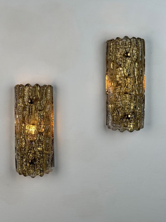 Pair of Brass and Glass Wall Lights by Carl Fagerlund for Orrefors, 1970s Sconces