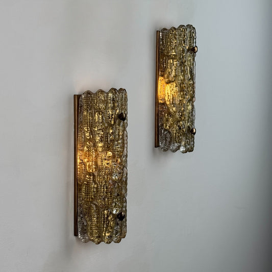 Pair of Brass and Glass Wall Lights by Carl Fagerlund for Orrefors, 1970s Sconces