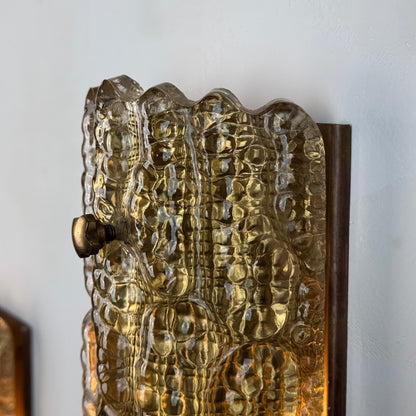 Pair of Brass and Glass Wall Lights by Carl Fagerlund for Orrefors, 1970s Sconces