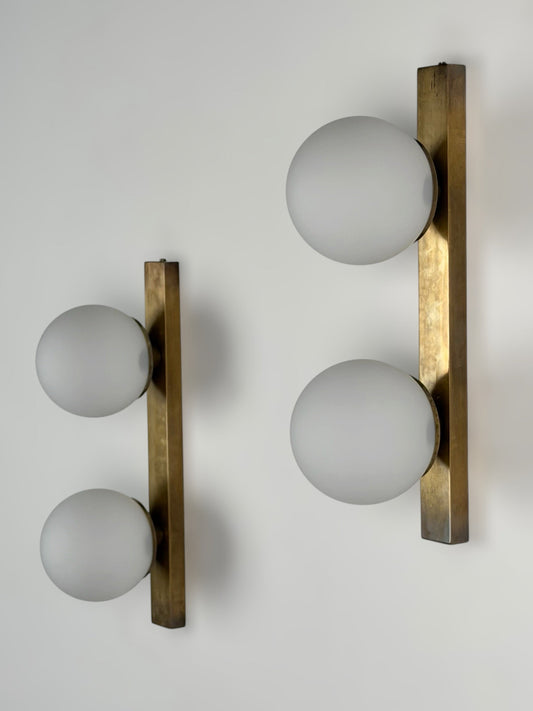 Pair of Brass and Opaline Glass Double Wall Sconces by Stilnovo, Italy, 1960s Sconces