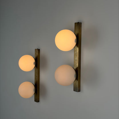 Pair of Brass and Opaline Glass Double Wall Sconces by Stilnovo, Italy, 1960s Sconces