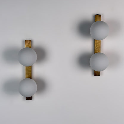 Pair of Brass and Opaline Glass Double Wall Sconces by Stilnovo, Italy, 1960s Sconces