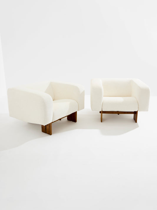 Pair of Brutalist Italian Armchairs in Walnut and Chenille Velvet, 1960s Chairs