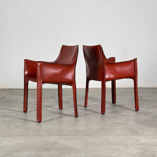 Pair of Cab 413 Armchairs by Mario Bellini for Cassina in Original Bulgarian Red Leather Chairs