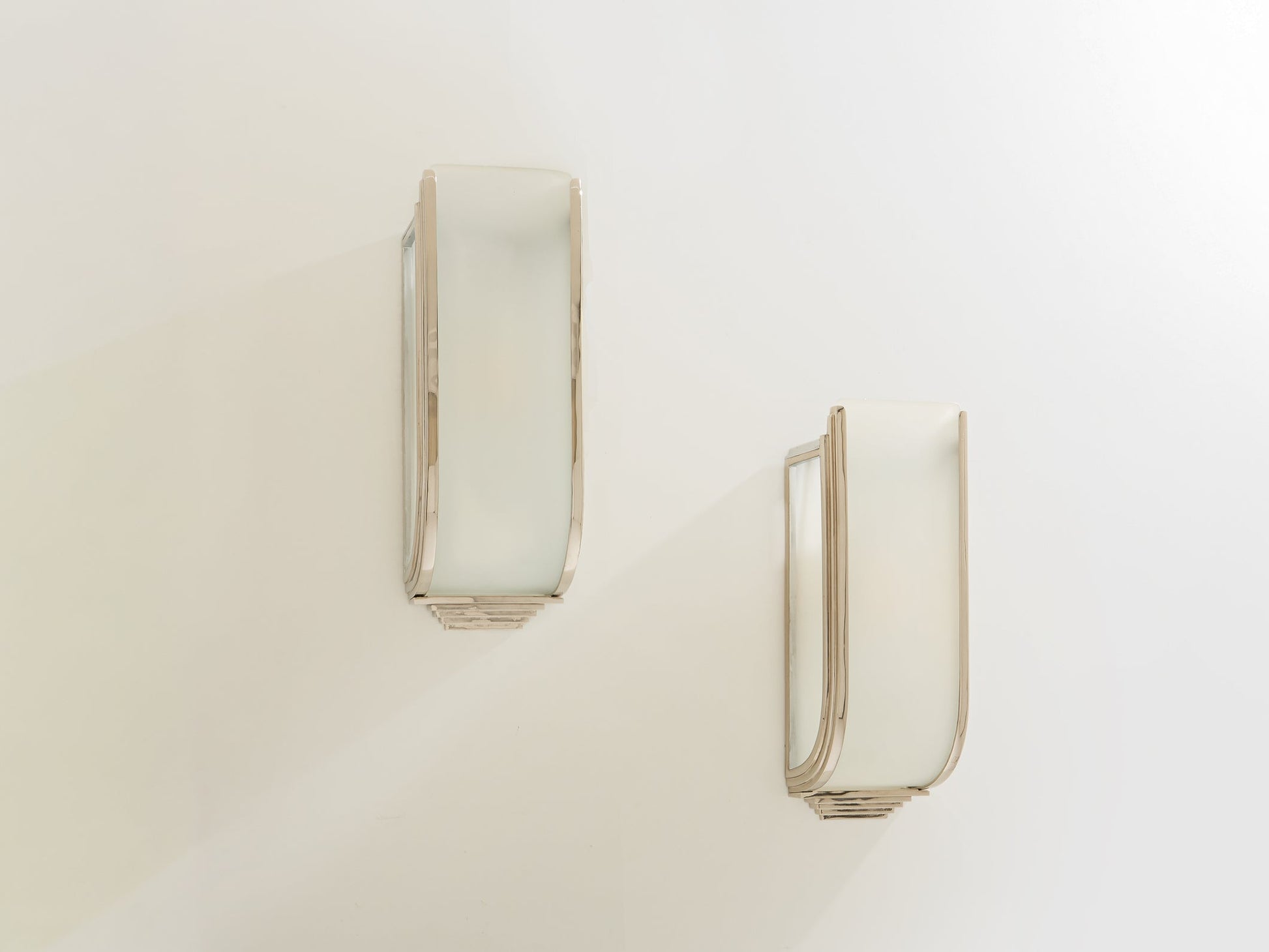 Pair of French Art Deco Modernist Nickel Steel Opaline Wall Lights 1930 Sconces