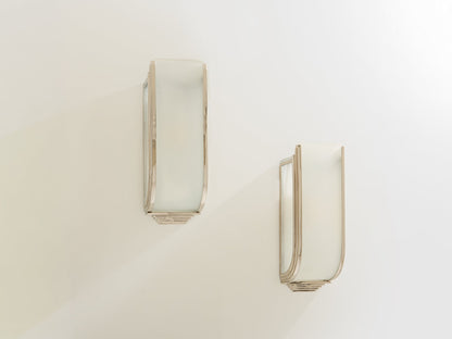 Pair of French Art Deco Modernist Nickel Steel Opaline Wall Lights 1930 Sconces