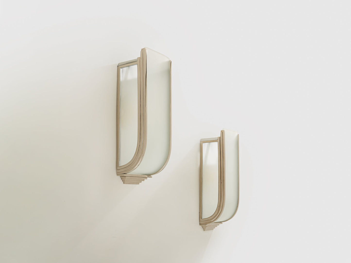 Pair of French Art Deco Modernist Nickel Steel Opaline Wall Lights 1930 Sconces