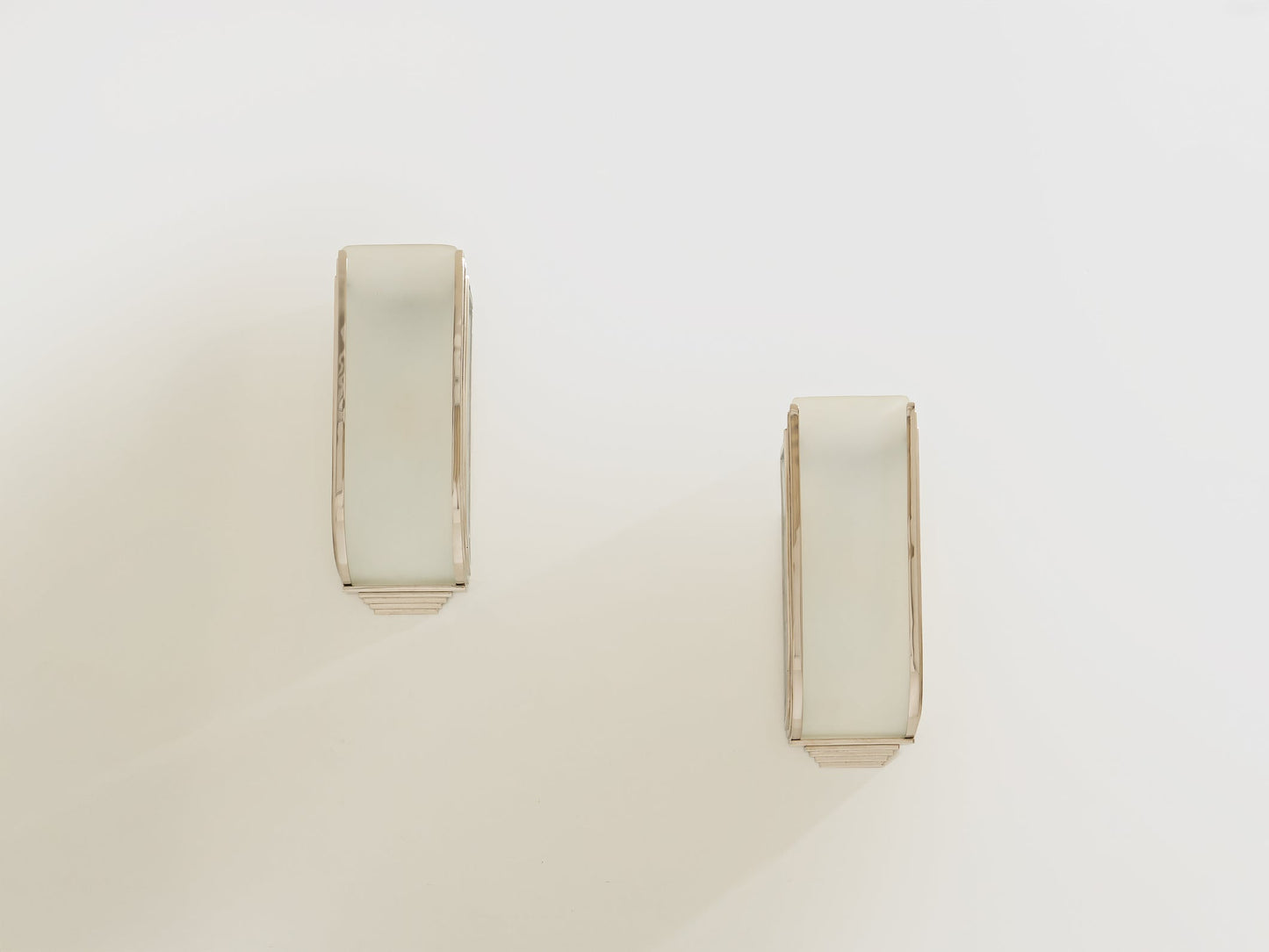 Pair of French Art Deco Modernist Nickel Steel Opaline Wall Lights 1930 Sconces