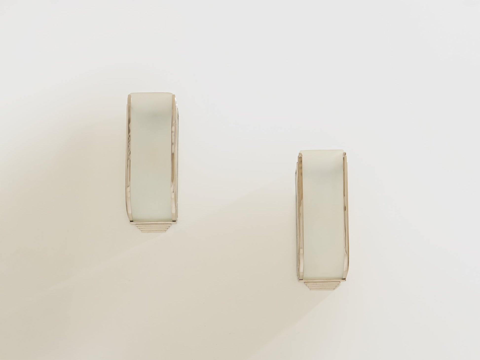 Pair of French Art Deco Modernist Nickel Steel Opaline Wall Lights 1930 Sconces