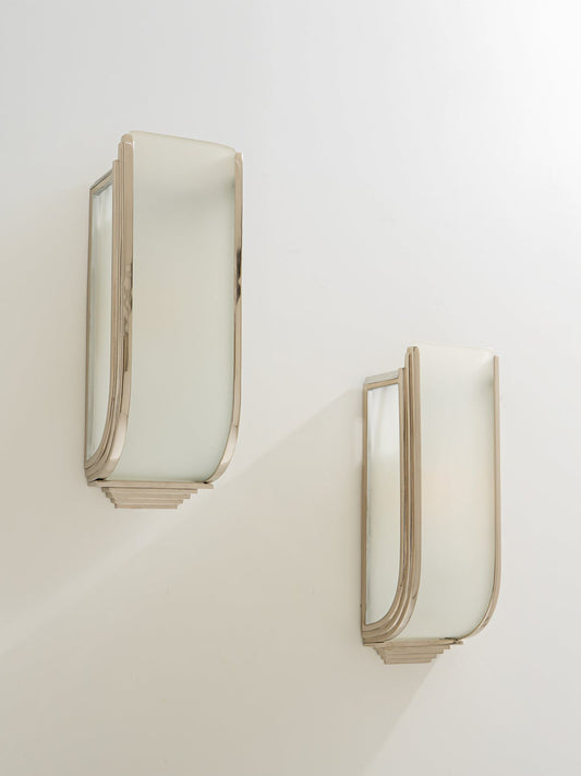 Pair of French Art Deco Modernist Nickel Steel Opaline Wall Lights 1930 Sconces