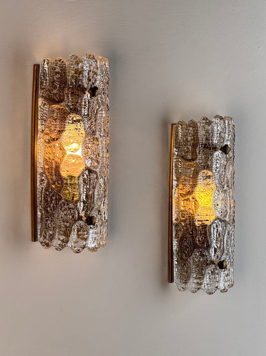 Pair of Glass and Brass Wall Lights by Carl Fagerlund for Orrefors, 1970s Sconces