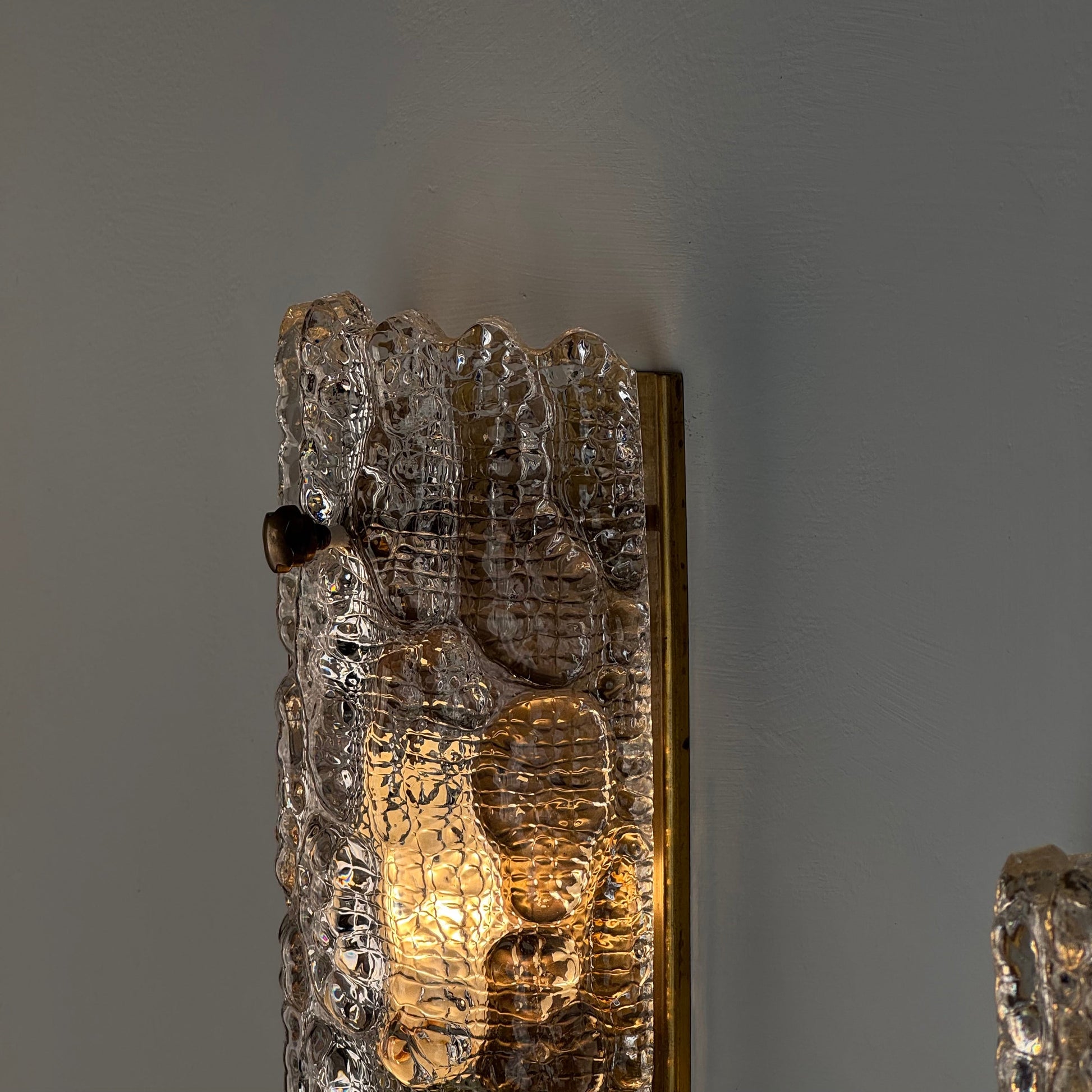 Pair of Glass and Brass Wall Lights by Carl Fagerlund for Orrefors, 1970s Sconces