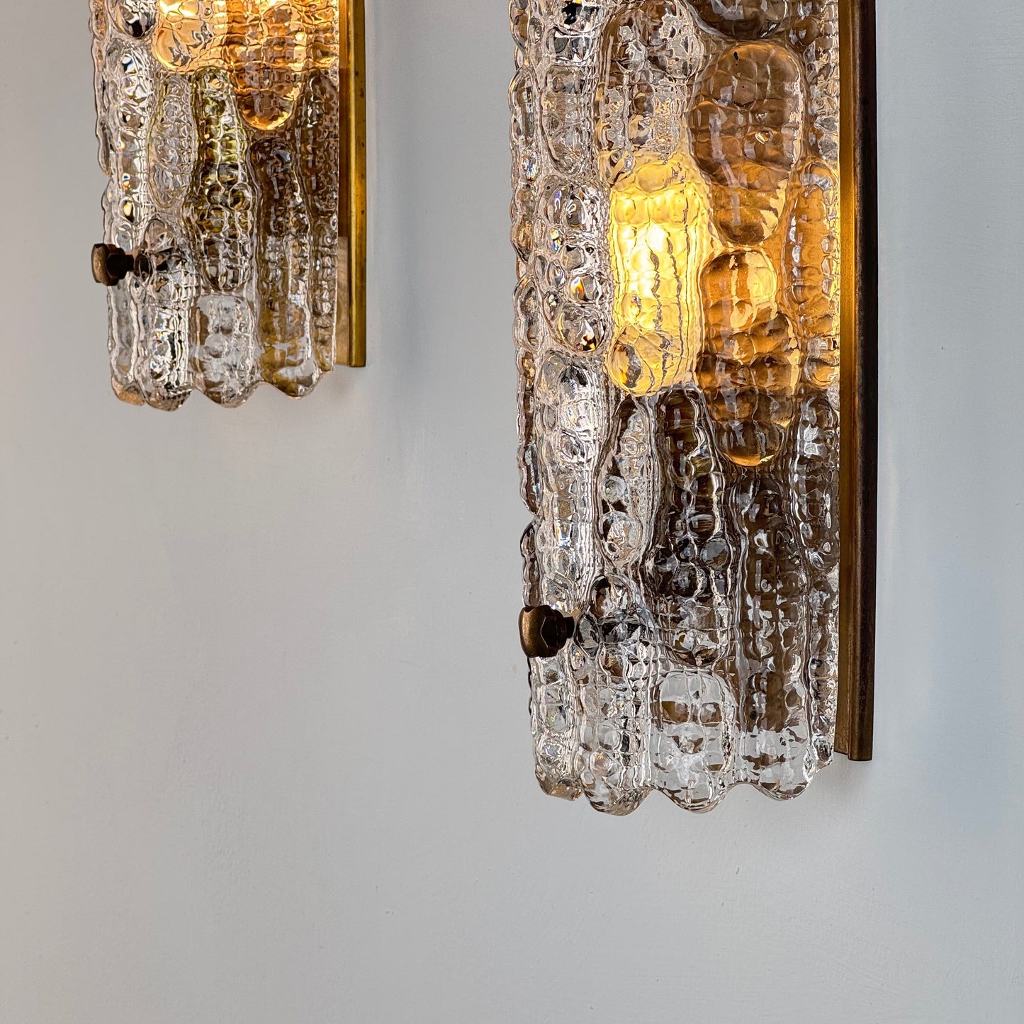 Pair of Glass and Brass Wall Lights by Carl Fagerlund for Orrefors, 1970s Sconces