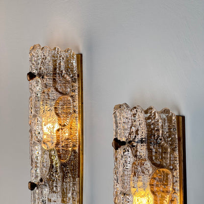 Pair of Glass and Brass Wall Lights by Carl Fagerlund for Orrefors, 1970s Sconces