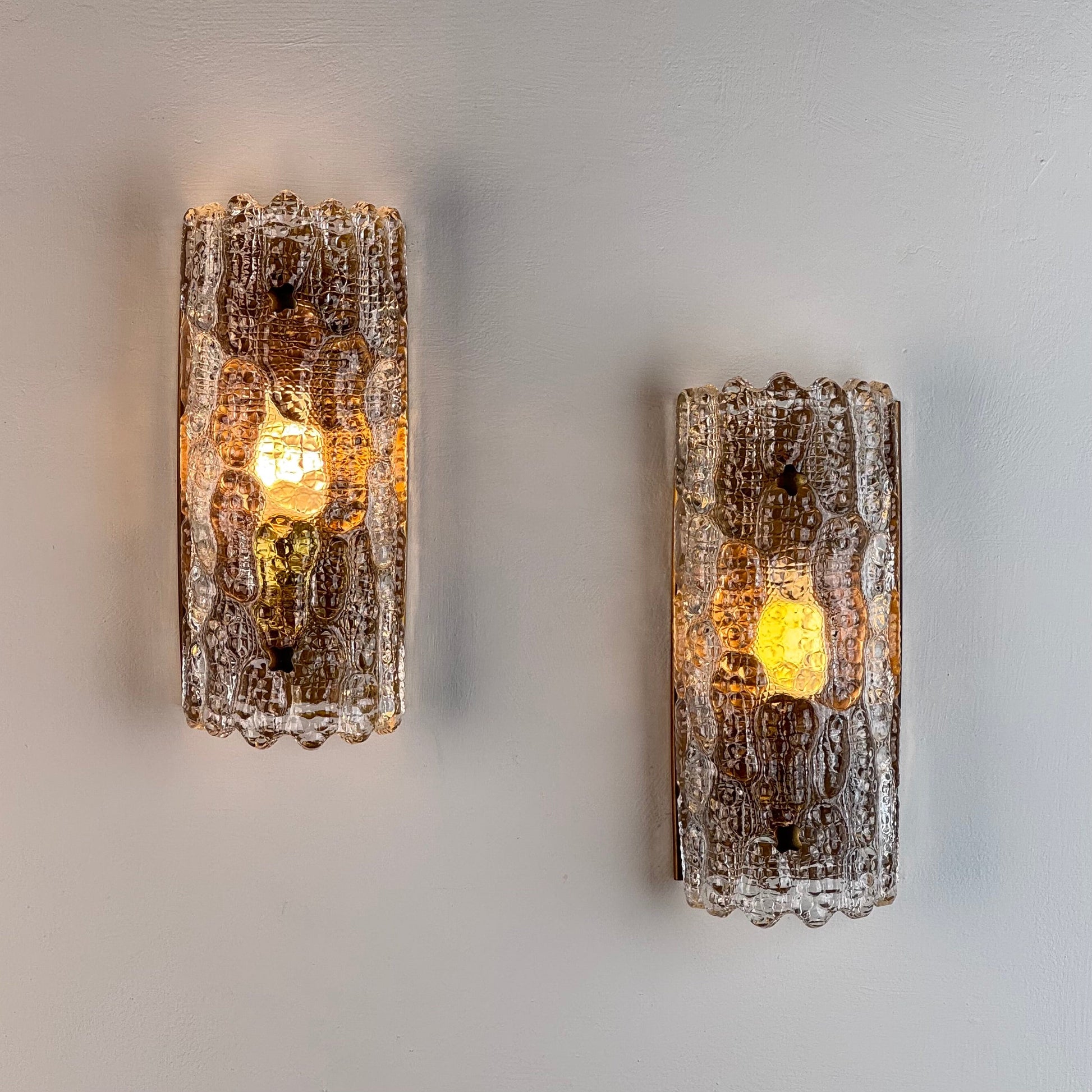 Pair of Glass and Brass Wall Lights by Carl Fagerlund for Orrefors, 1970s Sconces