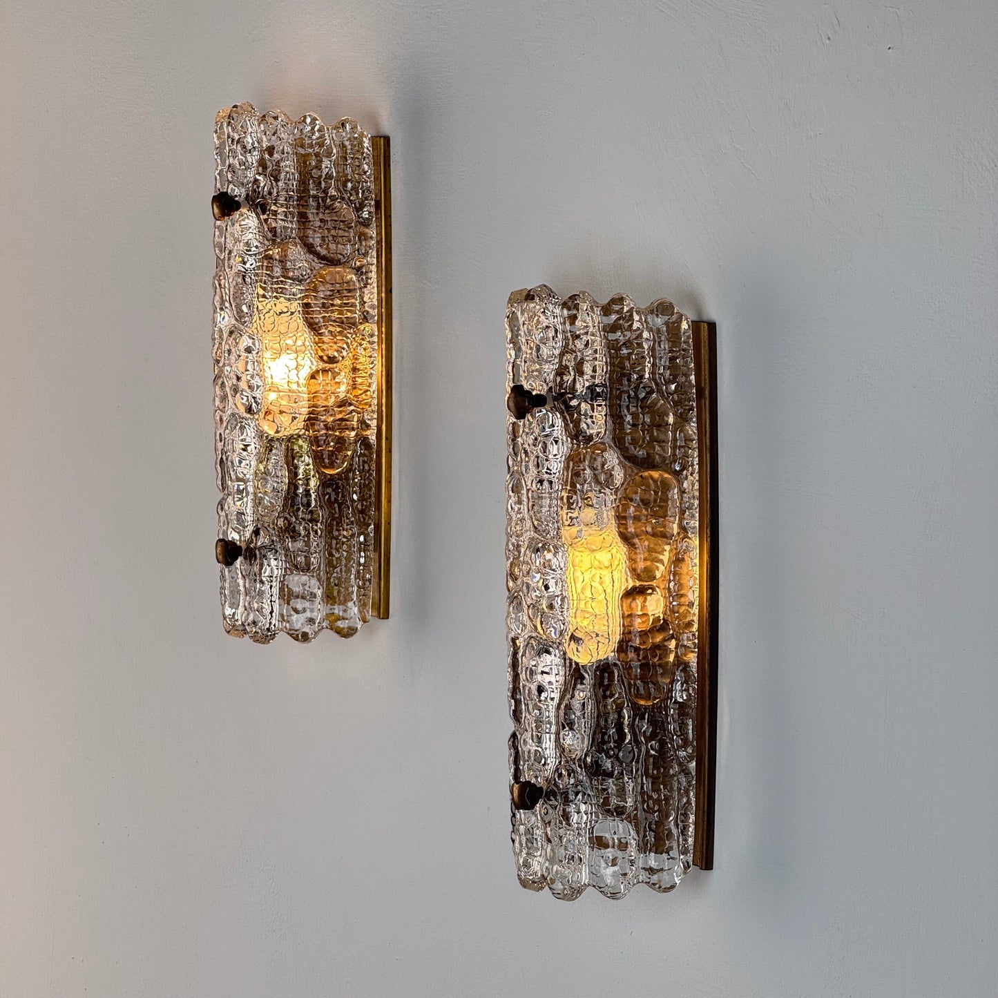 Pair of Glass and Brass Wall Lights by Carl Fagerlund for Orrefors, 1970s Sconces