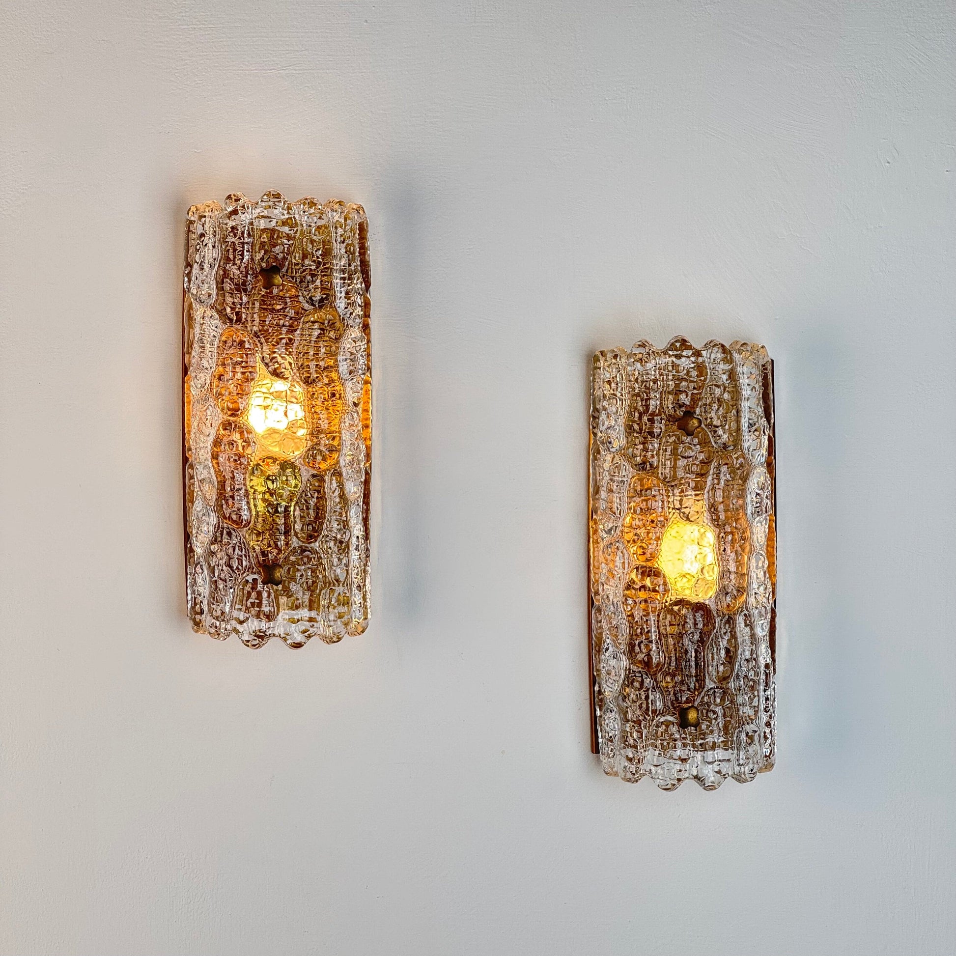 Pair of Glass and Brass Wall Lights by Carl Fagerlund for Orrefors, 1970s Sconces