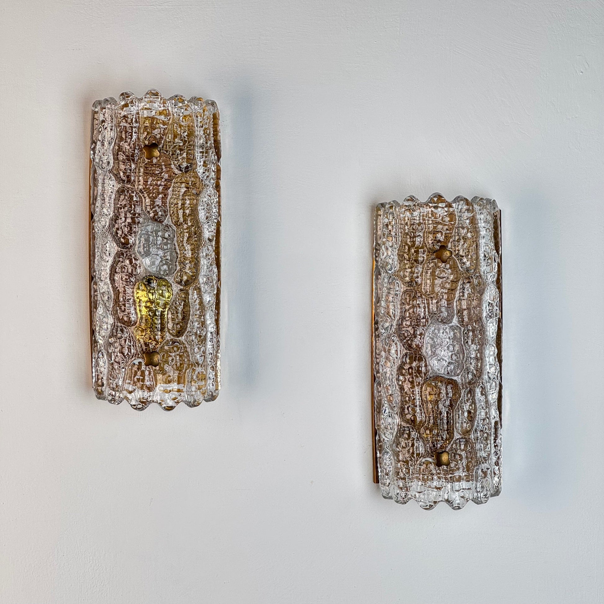 Pair of Glass and Brass Wall Lights by Carl Fagerlund for Orrefors, 1970s Sconces