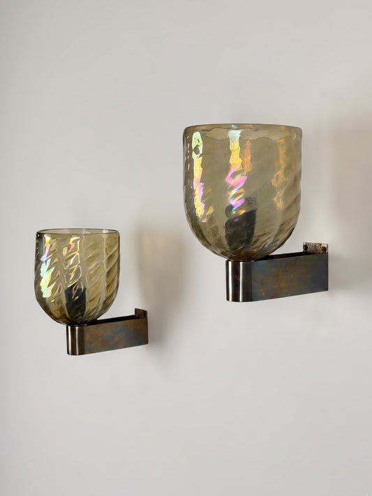Pair of Iridescent Hammered Murano Glass Wall Sconces by Archimede Seguso, 1940s Sconces
