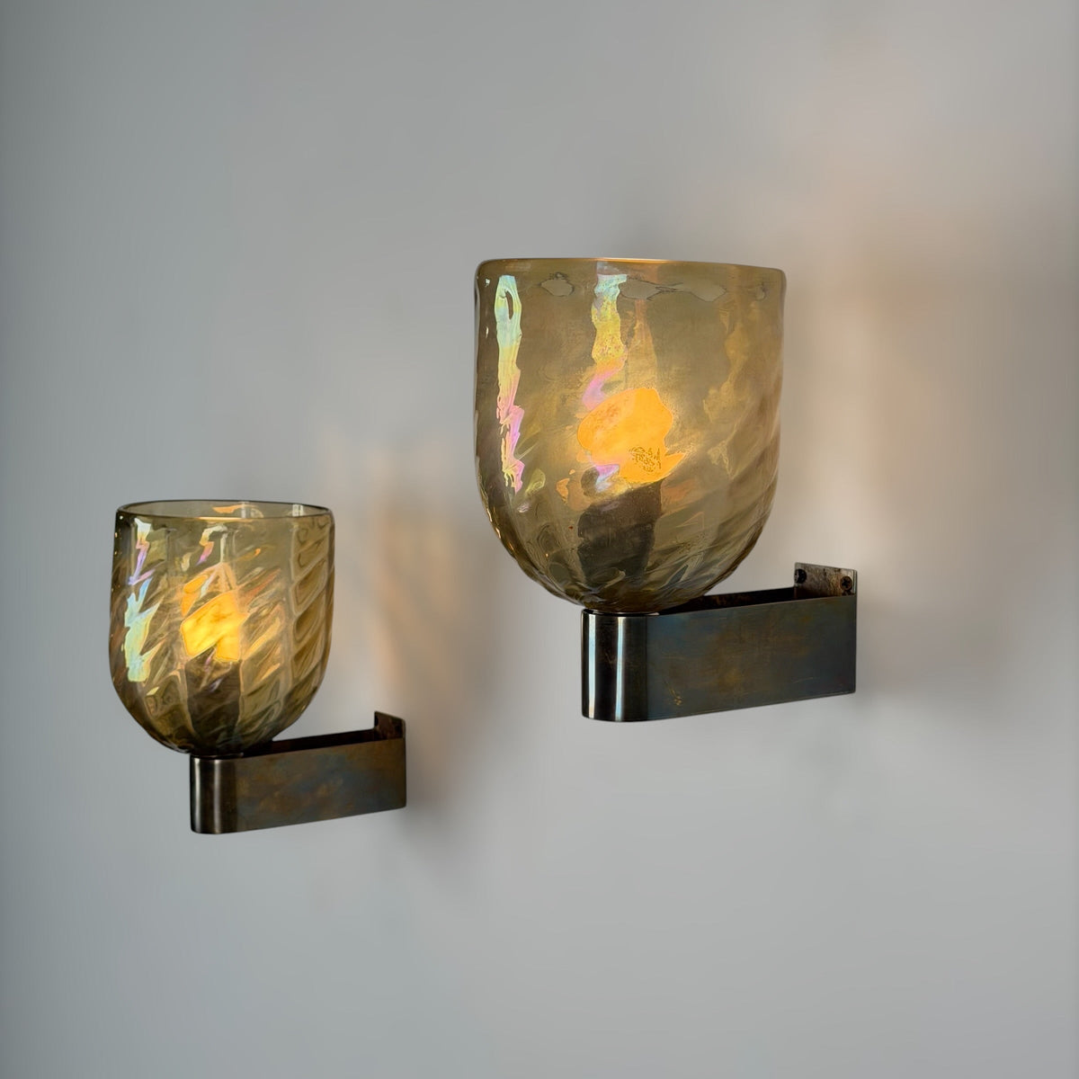 Pair of Iridescent Hammered Murano Glass Wall Sconces by Archimede Seguso, 1940s Sconces