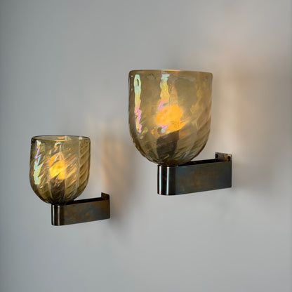 Pair of Iridescent Hammered Murano Glass Wall Sconces by Archimede Seguso, 1940s Sconces