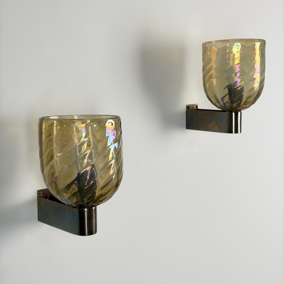 Pair of Iridescent Hammered Murano Glass Wall Sconces by Archimede Seguso, 1940s Sconces