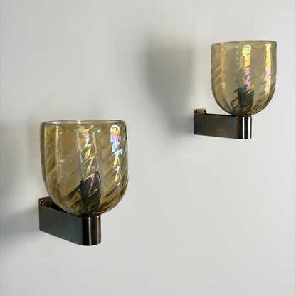 Pair of Iridescent Hammered Murano Glass Wall Sconces by Archimede Seguso, 1940s Sconces