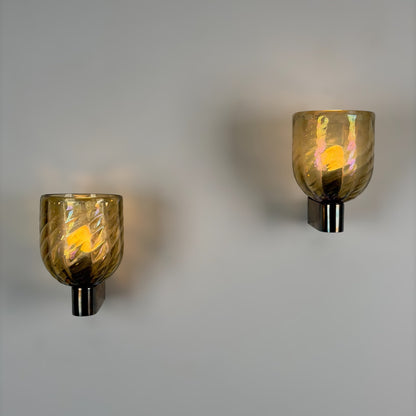 Pair of Iridescent Hammered Murano Glass Wall Sconces by Archimede Seguso, 1940s Sconces