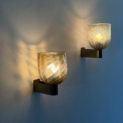 Pair of Iridescent Hammered Murano Glass Wall Sconces by Archimede Seguso, 1940s Sconces