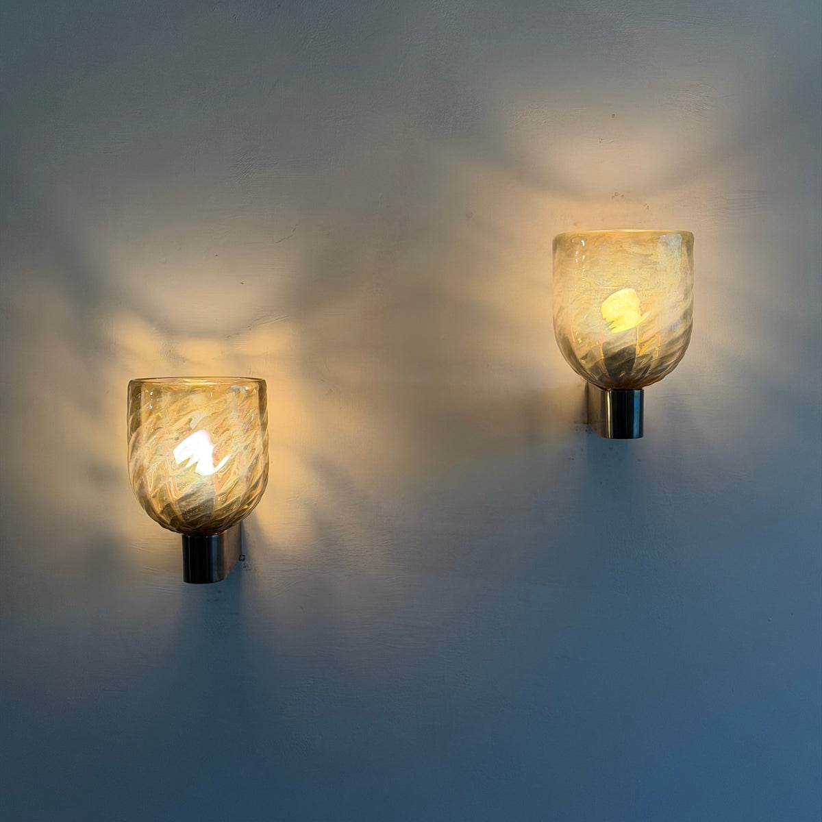 Pair of Iridescent Hammered Murano Glass Wall Sconces by Archimede Seguso, 1940s Sconces