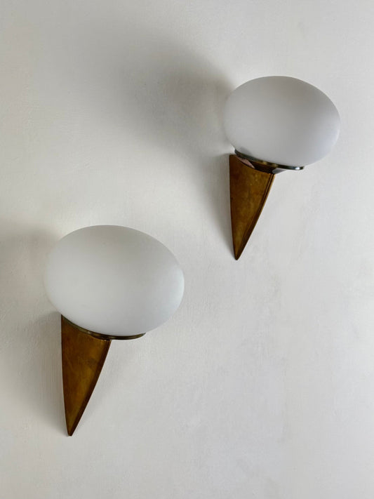 Pair of "Lancia" Wall Sconces in Brass and Opaline Glass by Stilux Milano, 1960s Sconces