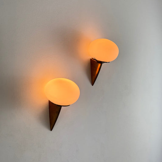 Pair of "Lancia" Wall Sconces in Brass and Opaline Glass by Stilux Milano, 1960s Sconces