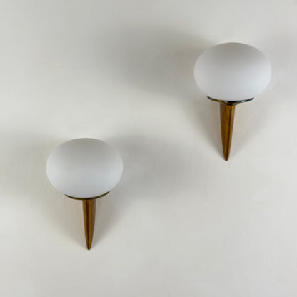 Pair of "Lancia" Wall Sconces in Brass and Opaline Glass by Stilux Milano, 1960s Sconces