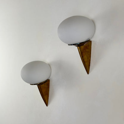 Pair of "Lancia" Wall Sconces in Brass and Opaline Glass by Stilux Milano, 1960s Sconces