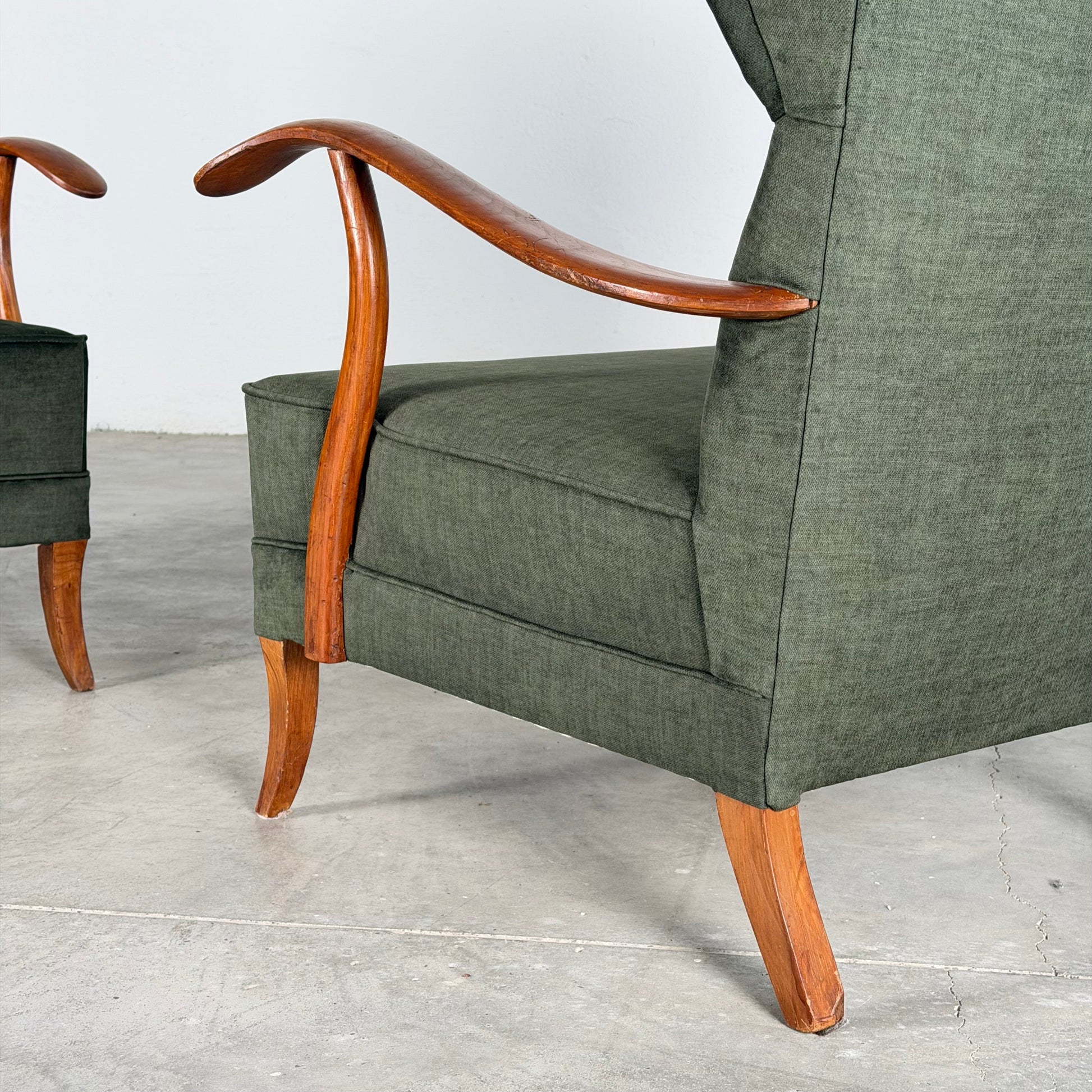 Pair of Melchiorre Bega Wingback Armchairs in Walnut, Italy 1950s Chairs