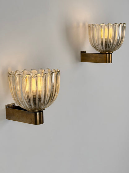 Pair of Murano Crystal Sconces with Suspended Gold Leaf Particles by E. Barovier Sconces