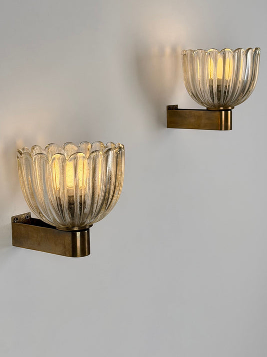 Pair of Murano Crystal Sconces with Suspended Gold Leaf Particles by E. Barovier Sconces