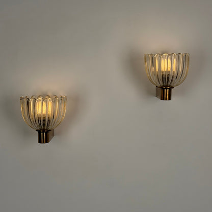 Pair of Murano Crystal Sconces with Suspended Gold Leaf Particles by E. Barovier Sconces