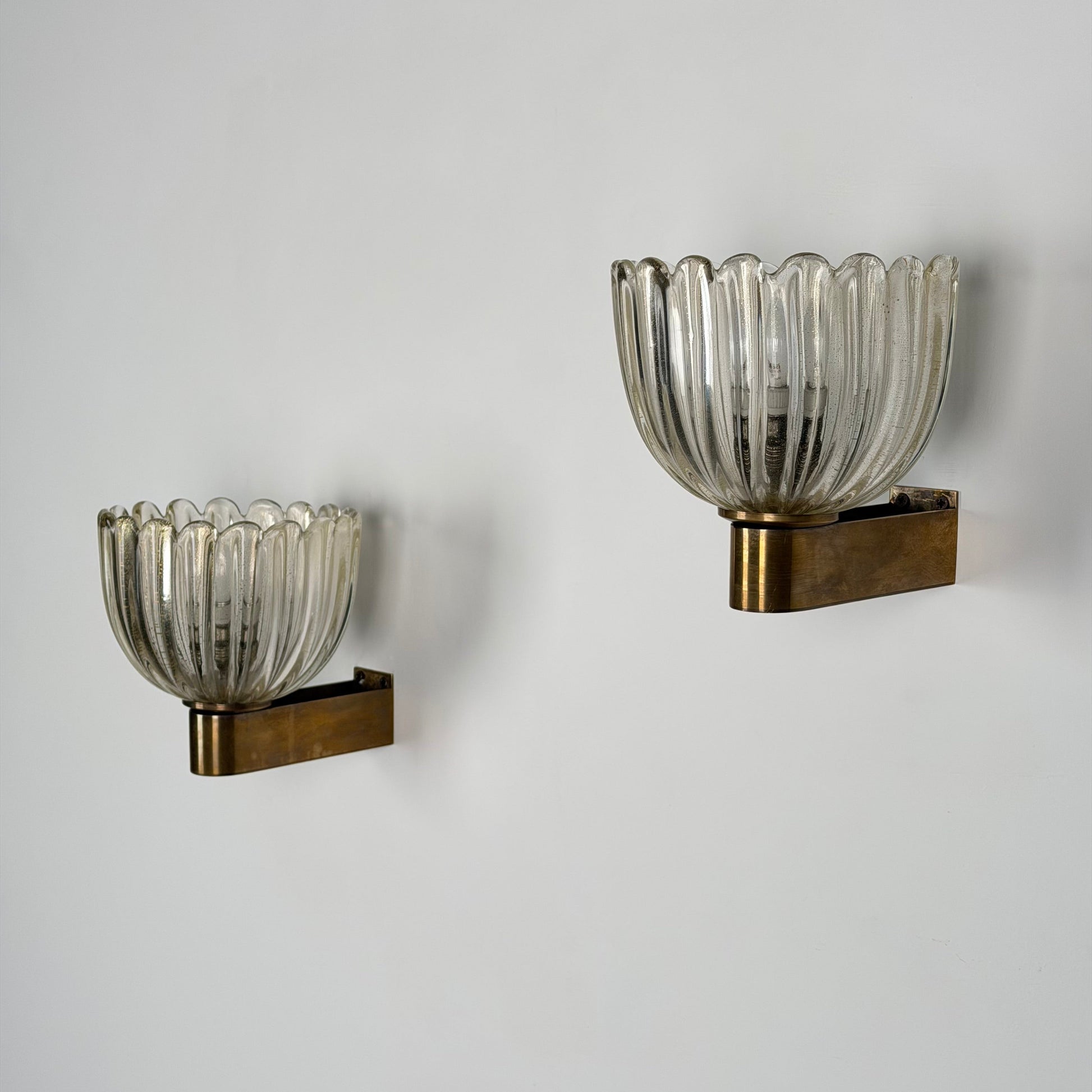 Pair of Murano Crystal Sconces with Suspended Gold Leaf Particles by E. Barovier Sconces