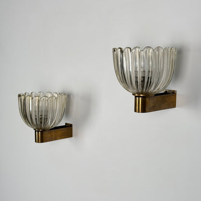 Pair of Murano Crystal Sconces with Suspended Gold Leaf Particles by E. Barovier Sconces