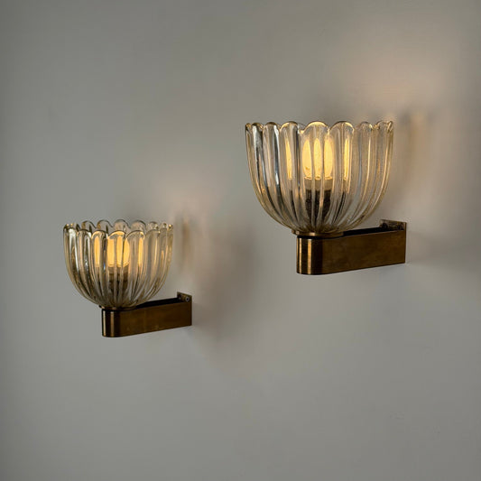 Pair of Murano Crystal Sconces with Suspended Gold Leaf Particles by E. Barovier Sconces