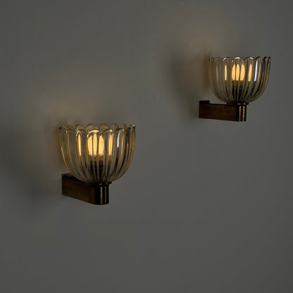 Pair of Murano Crystal Sconces with Suspended Gold Leaf Particles by E. Barovier Sconces