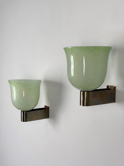 Pair of Murano Glass Wall Sconces by Tomaso Buzzi for Venini, Green & Gold, 1940s Sconces