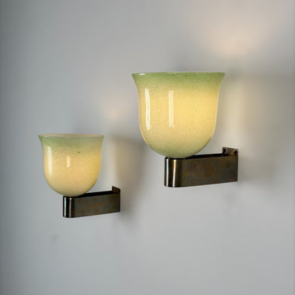 Pair of Murano Glass Wall Sconces by Tomaso Buzzi for Venini, Green & Gold, 1940s Sconces