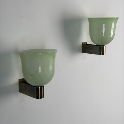 Pair of Murano Glass Wall Sconces by Tomaso Buzzi for Venini, Green & Gold, 1940s Sconces