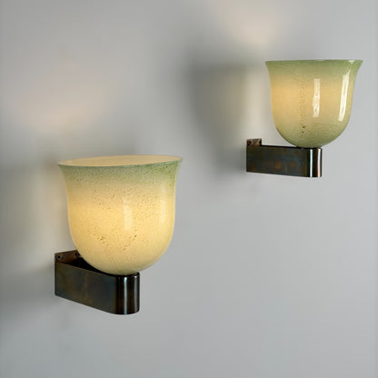 Pair of Murano Glass Wall Sconces by Tomaso Buzzi for Venini, Green & Gold, 1940s Sconces