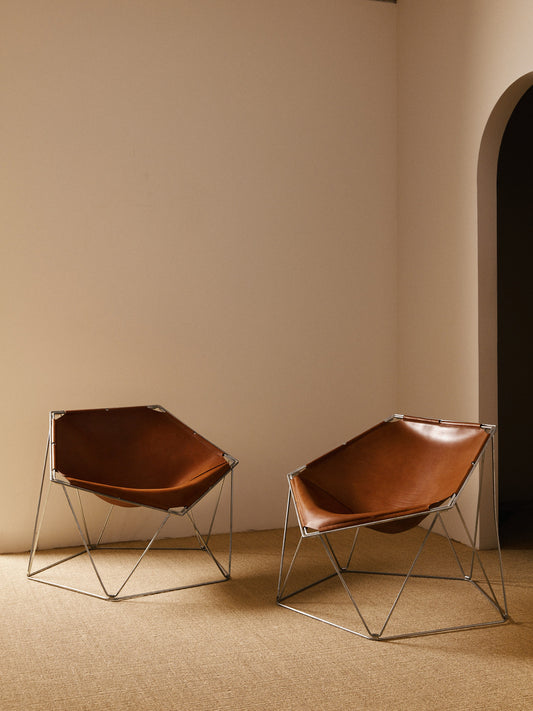 Pair of Jean-Paul Barray & Kim Moltzer 1960 Penta Chairs, Leather and Steel Chairs