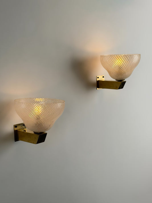 Pair of Reticello Murano Glass Wall Sconces Attributed to Carlo Scarpa for Venini 1940s Sconces