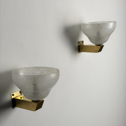 Pair of Reticello Murano Glass Wall Sconces Attributed to Carlo Scarpa for Venini 1940s Sconces