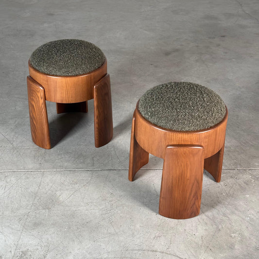 Pair of Sculptural Stools in Ash Wood with Dedar Milano Melange Boucle Upholstery by Forme Stools